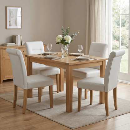 Dining room view render showing a set of four Lewis chairs paired with a contemporary wooden dining table in a bright room.
