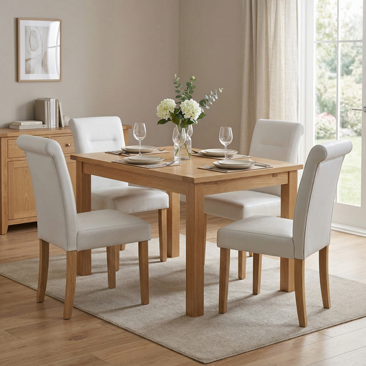Dining room view render showing a set of four Lewis chairs paired with a contemporary wooden dining table in a bright room.
