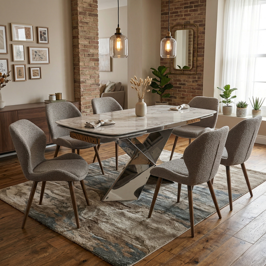 Living room view of the Gabana marble table in a bright, contemporary dining room.