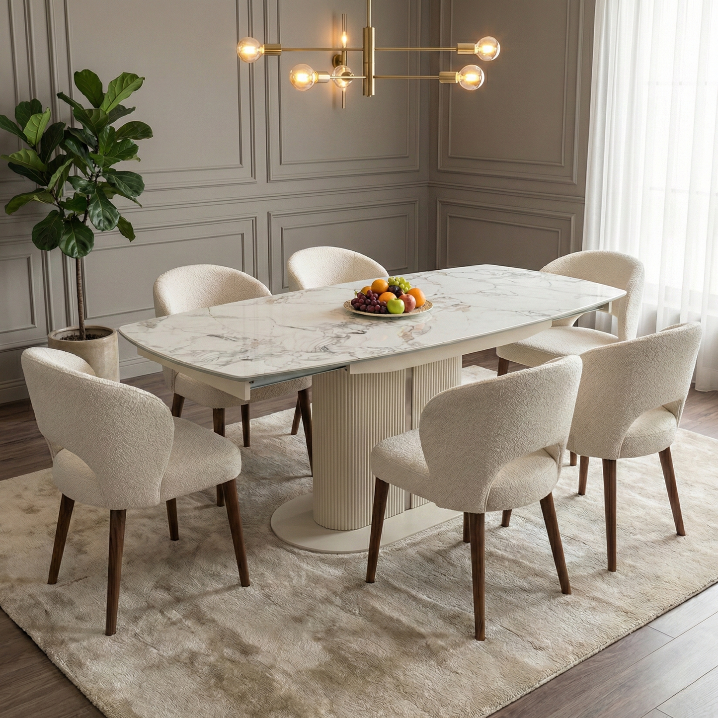 Dining room view for the Avorio swivel extending dining table, highlighting its scratch-resistant ceramic surface, smooth rotating extension mechanism, and heavy-duty steel base.