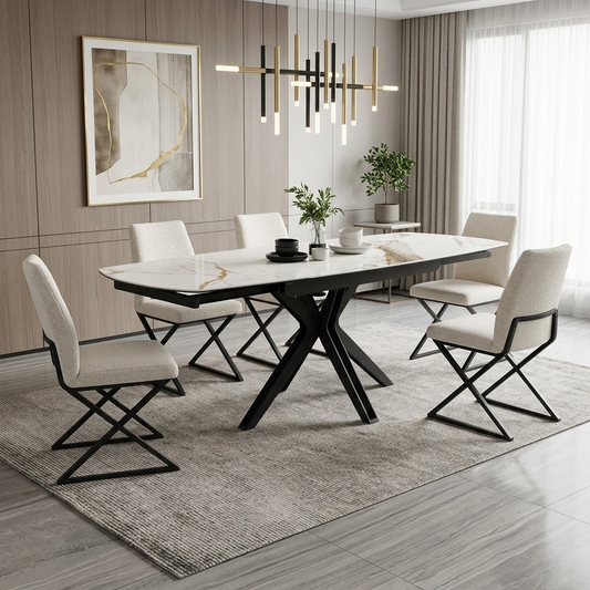 DIning room view shot of the Jose swivel extending dining table in a modern, well-lit dining room.