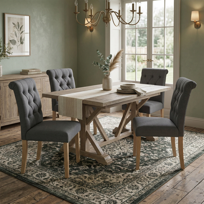Living room view of image showcasing the set of 4 Lewis chairs around a modern dining table.