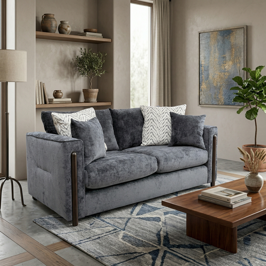 Living room for the Barney 3-seater sofa, highlighting the premium Zurich Grey linen upholstery, plush seating, and expert craftsmanship.