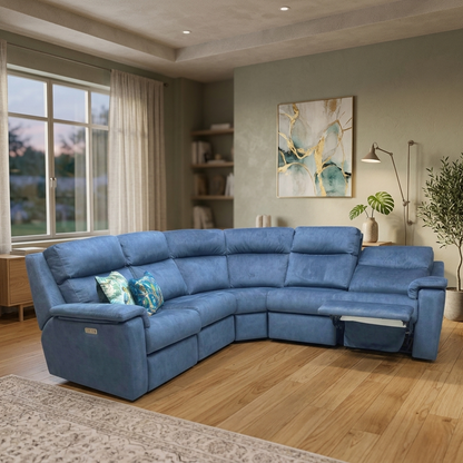 Living room view for the G Plan Thornbury corner sofa, highlighting the luxurious Indigo velvet upholstery, integrated power reclining modules, and premium British craftsmanship.