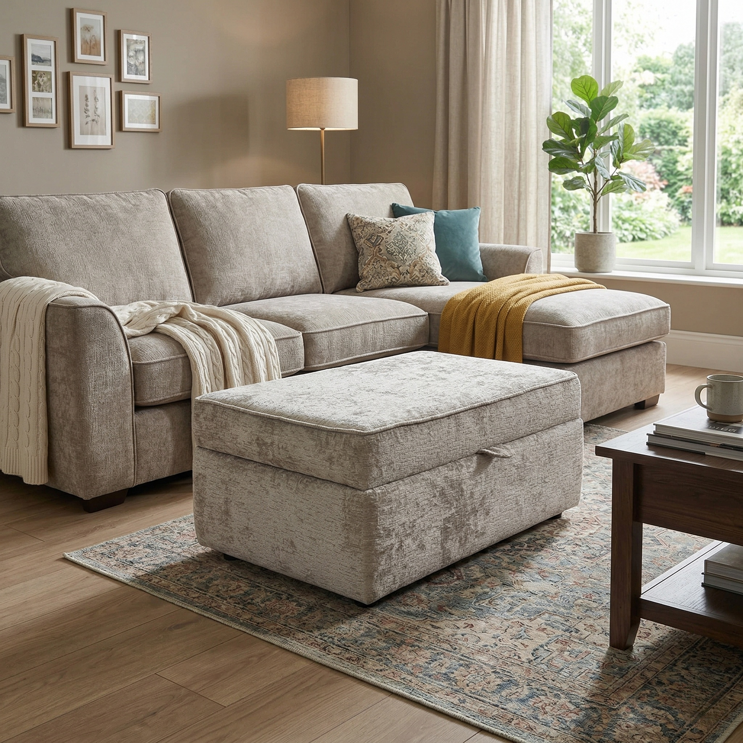 Living room view  for the Sasha storage footstool, highlighting the premium Ivory White chenille upholstery and the functional internal storage compartment.