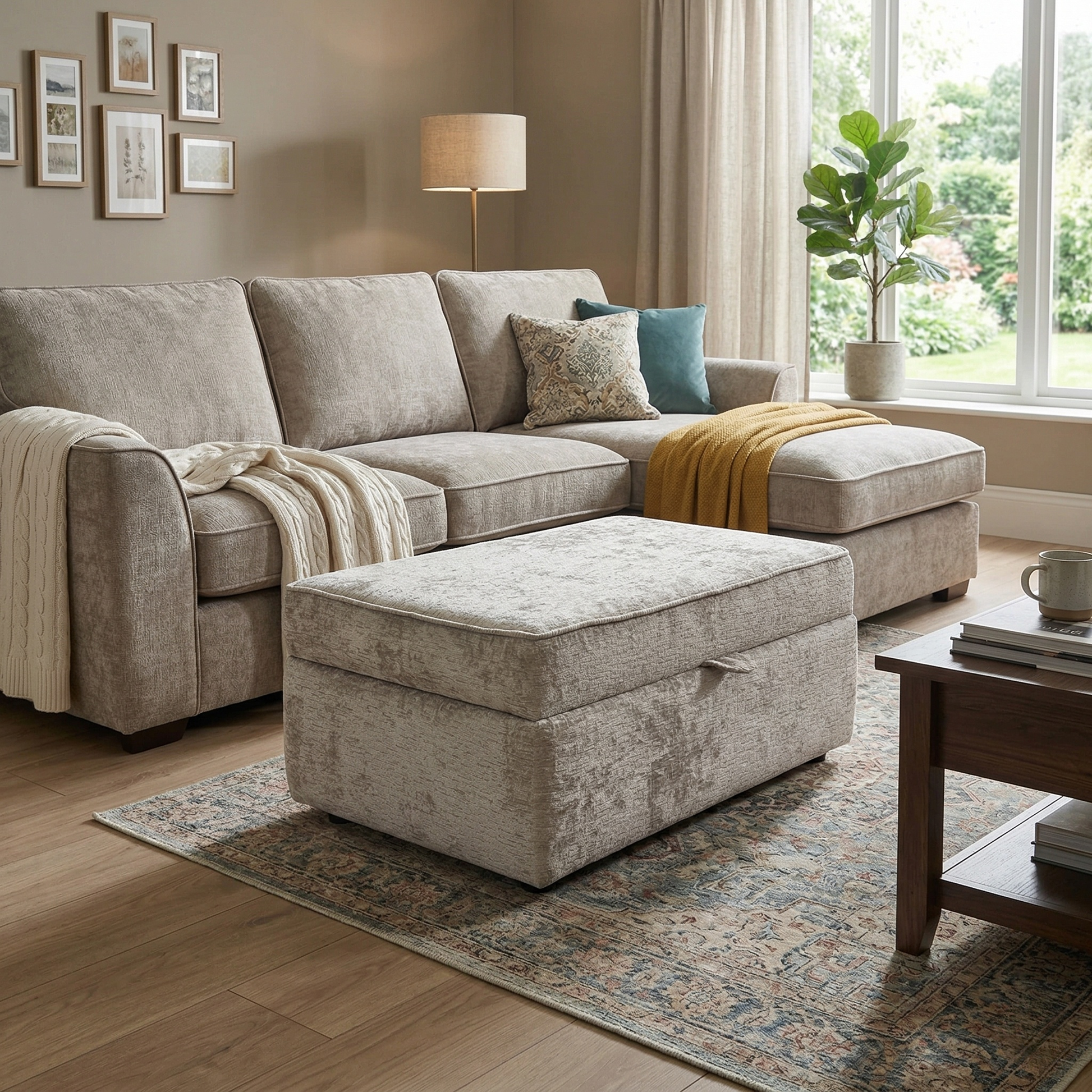 Living room view  for the Sasha storage footstool, highlighting the premium Ivory White chenille upholstery and the functional internal storage compartment.