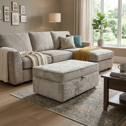 Living room view  for the Sasha storage footstool, highlighting the premium Ivory White chenille upholstery and the functional internal storage compartment.