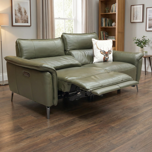 'Jude' Oslo Pine Green Leather 3 Seater Power Recliner Sofa with Telescopic Headrests
