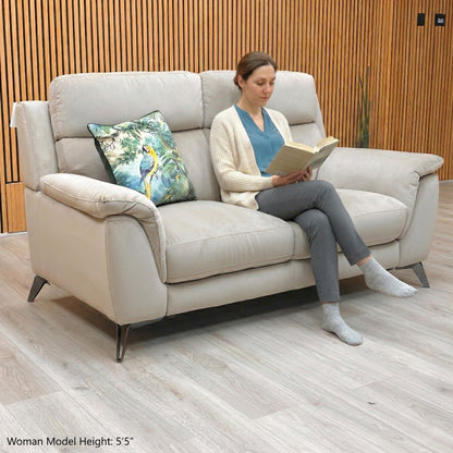 Lifestyle view of the Contempo sofa in Khaki velvet, showcasing the plush seating surface and the contemporary low-profile track arms.