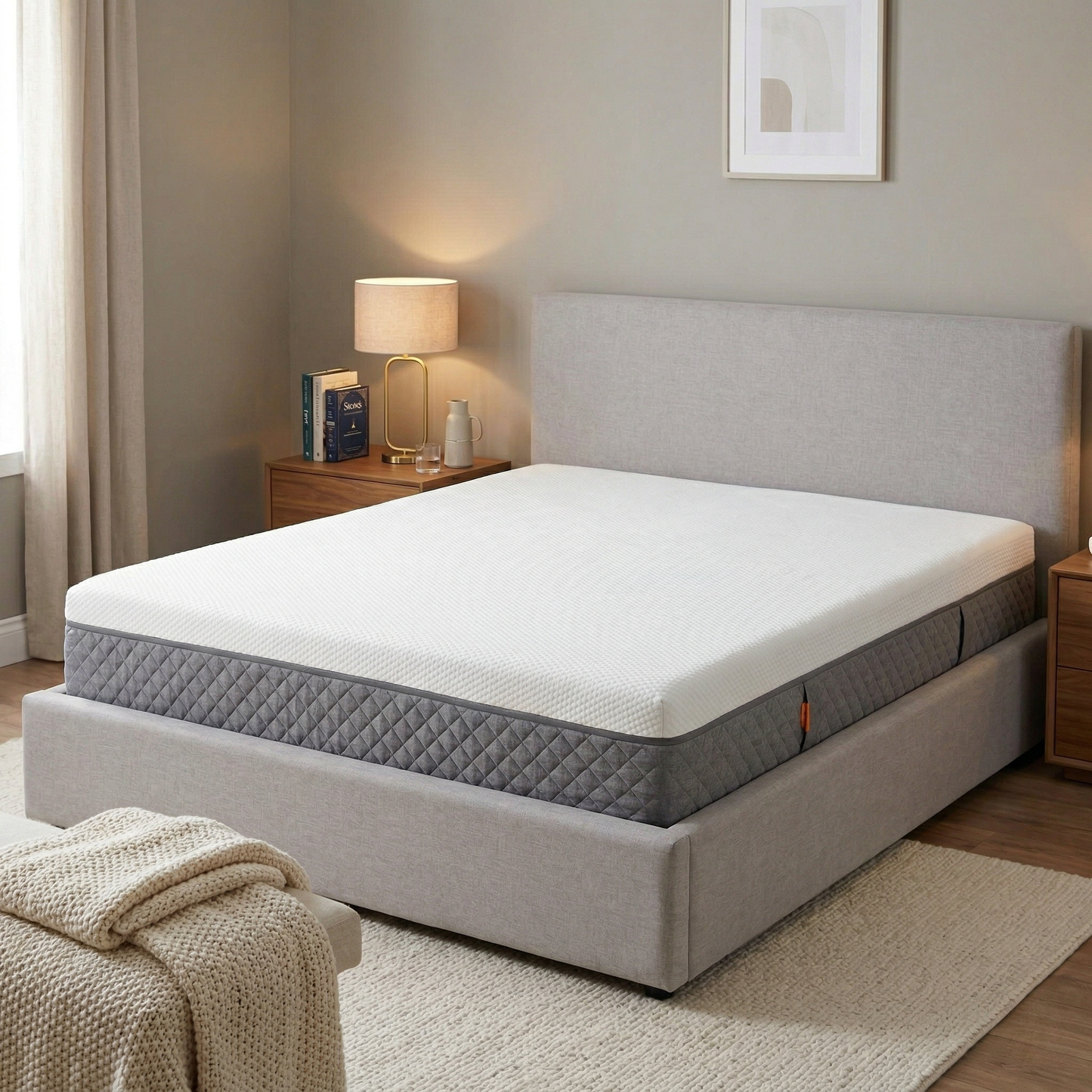 Bedroom view  for the Emma Original mattress, highlighting the breathable Airgocell foam, pressure-relieving point-elastic foam, and supportive HRX base.