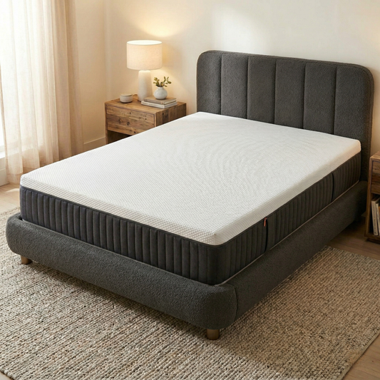 Bedroom view for the Emma Double mattress, highlighting the breathable Airgocell foam layer, pressure-relieving middle layer, and supportive HRX base.