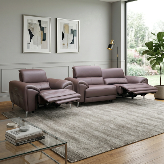 ‘Vino’ Oslo Mulberry  Red Leather 3 Seater Power Recliner Sofa with Power  Headrests and Heated Seats + Power Chair with Heated Seats