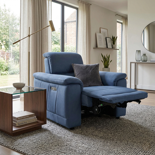 Living room view for the Genius power recliner chair, highlighting the premium Navy Blue velvet, dual power recline functionality, and power headrest.
