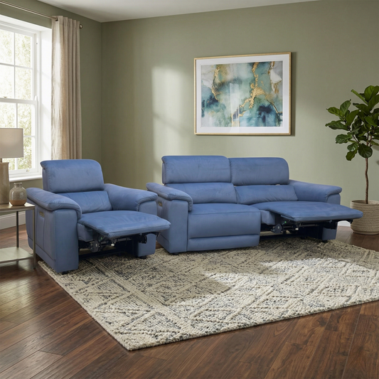 ‘Genius’ Bella Navy Blue Velvet 3 Seater Power Recliner Sofa with Power Headrests + Power Chair