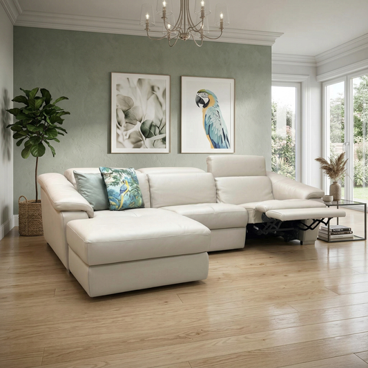 Nicoletti ‘Galileo’ Botero Crema Natural 2156 Leather Left Hand Facing Power Recliner Sofa with Power Chaise and Power Headrests