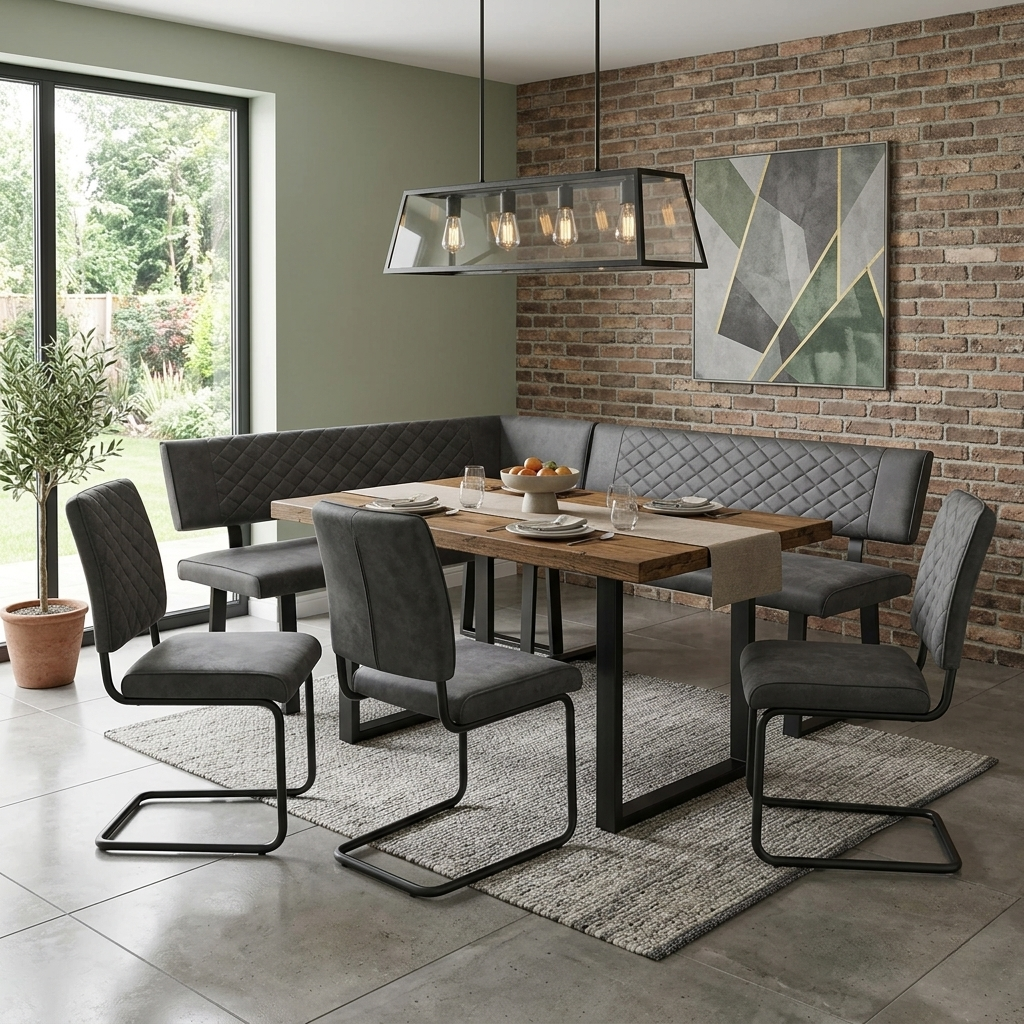 Dining View for the Warrior corner dining bench, highlighting the space-saving L-shaped design, durable grey upholstery, and comfortable padded seating.