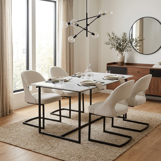 Dining room view for the Tiber dining chair set, highlighting the premium Alabaster Beige upholstery, ergonomic backrest, and contemporary cantilever design.