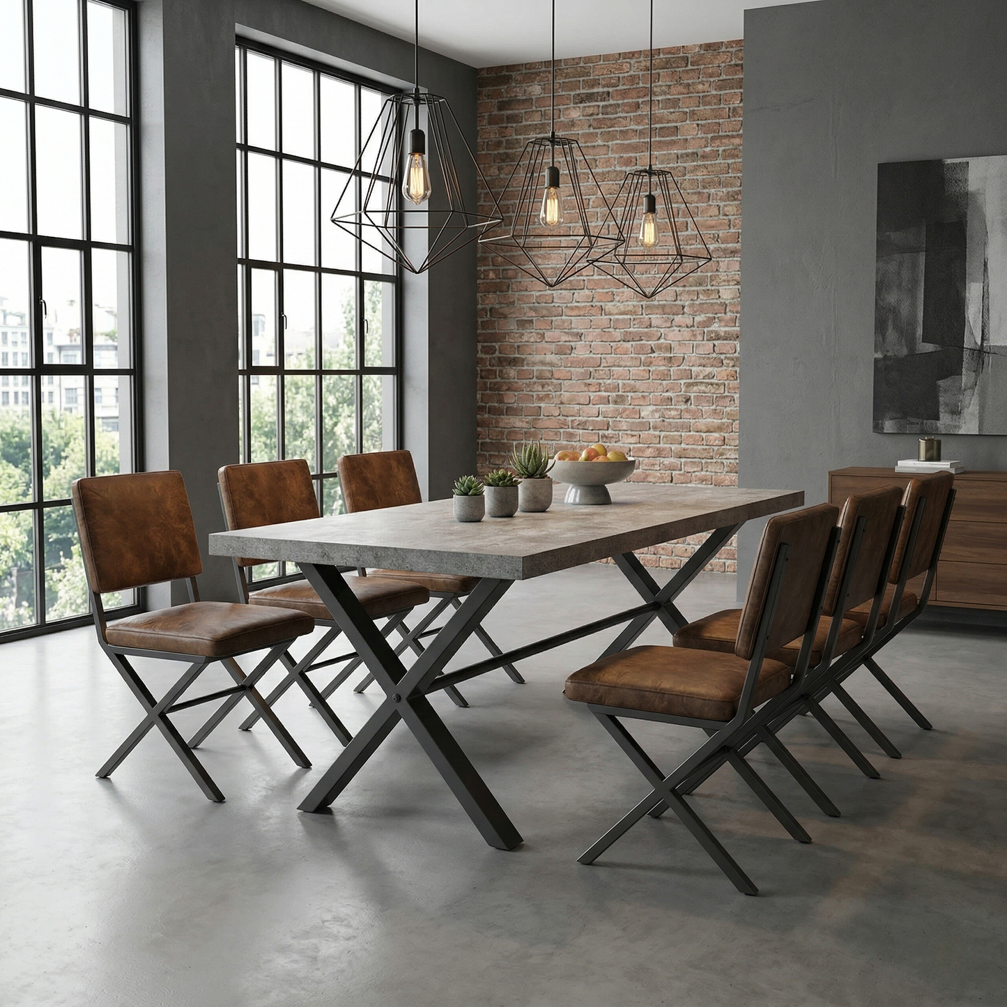 Dining room view for the Moon dining table, highlighting the industrial concrete-effect finish, heat-resistant surface, and the included 50cm extension leaf.
