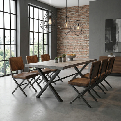 Dining room view for the Moon dining table, highlighting the industrial concrete-effect finish, heat-resistant surface, and the included 50cm extension leaf.