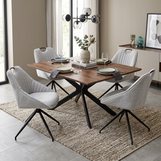 Dining room view for the Jai dining chair set, highlighting the 360-degree swivel mechanism, premium Silver fabric, and ergonomic bucket-seat design.