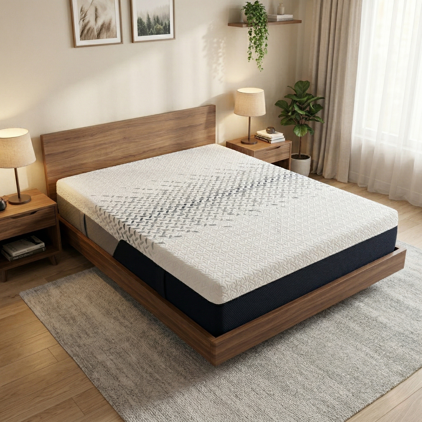 Bedroom view for the Nectar Ultra Cool Hybrid King Mattress, detailing the 3 layers of innovation including Nectatex® memory foam and 1500 Nectacoil® pocket springs.