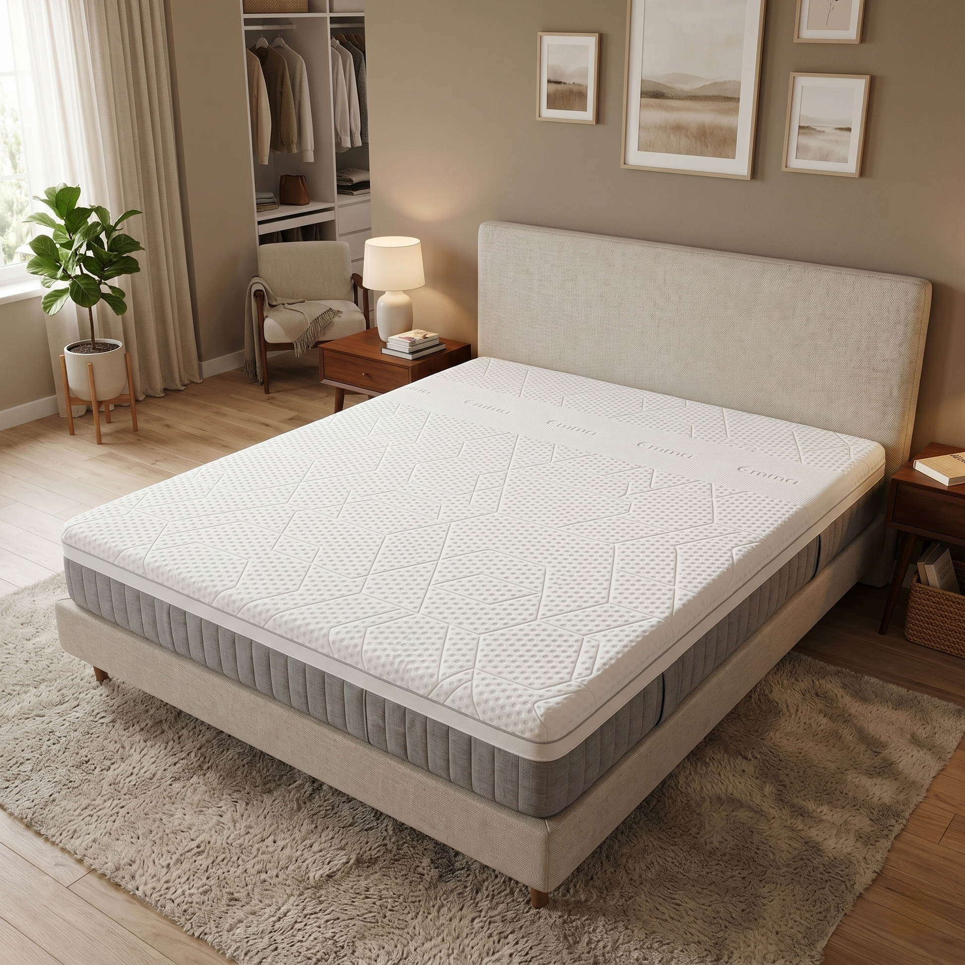Bed room of the integrated side handles on the grey fabric border, featuring reinforced stitching for easy rotation.