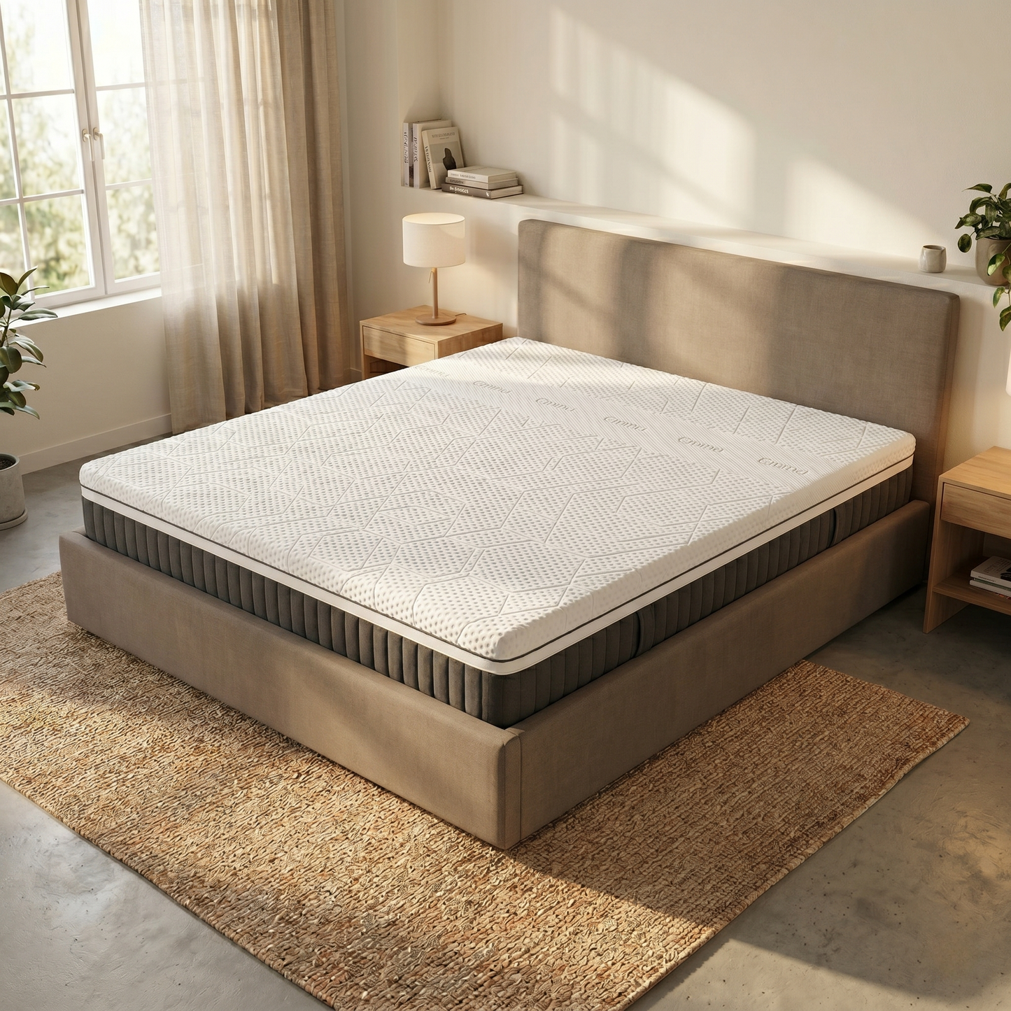 Bedroom view for the Emma Diamond Deluxe Hybrid, highlighting the Diamond Degree technology, soft tension, and the advanced 4-layer hybrid cooling system.