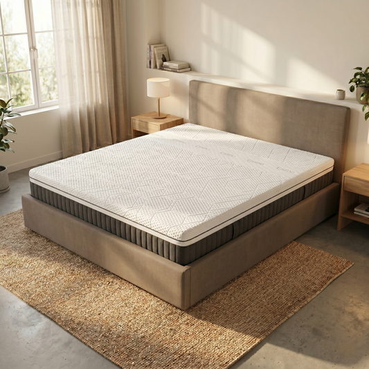 Bedroom view for the Emma Diamond Deluxe Hybrid, highlighting the Diamond Degree technology, soft tension, and the advanced 4-layer hybrid cooling system.