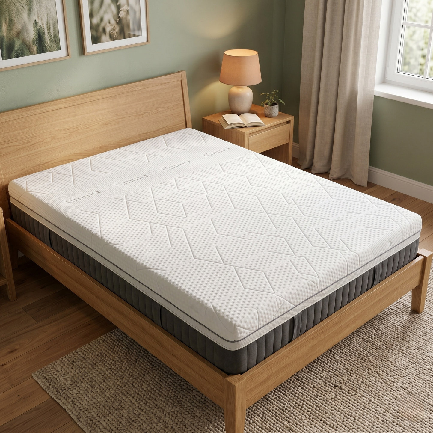Bedroom view for the Emma Diamond Deluxe Hybrid, highlighting the Diamond Degree cooling technology, soft tension feel, and multi-layered hybrid design.