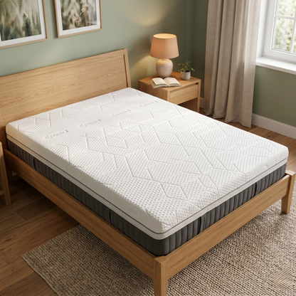 Bedroom view for the Emma Diamond Deluxe Hybrid, highlighting the Diamond Degree cooling technology, soft tension feel, and multi-layered hybrid design.