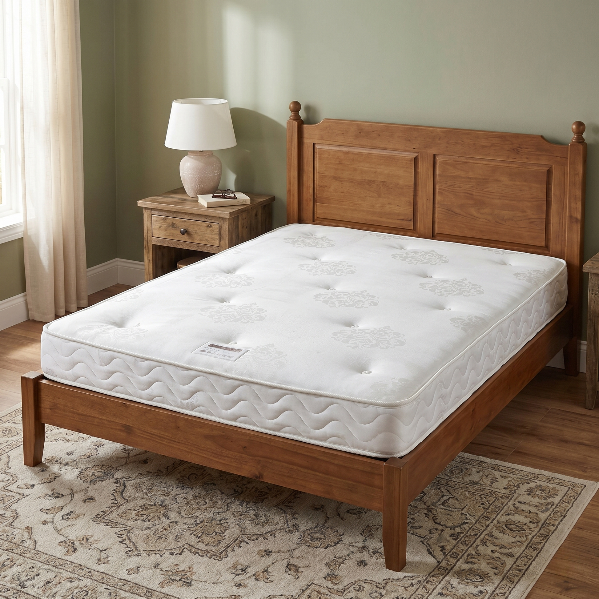 Bedroom view for the Essentials open coil mattress, highlighting the 13.5-gauge spring unit, polyester comfort fillings, and hypoallergenic damask cover.