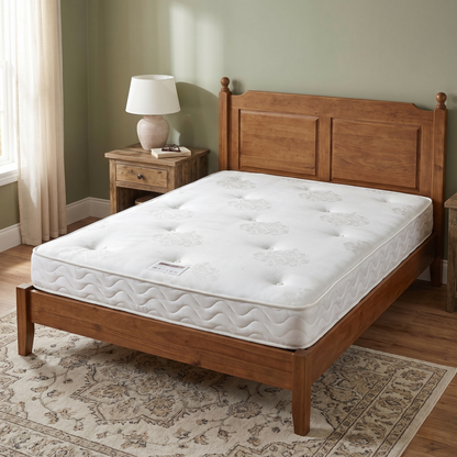 Bedroom view for the Essentials open coil mattress, highlighting the 13.5-gauge spring unit, polyester comfort fillings, and hypoallergenic damask cover.