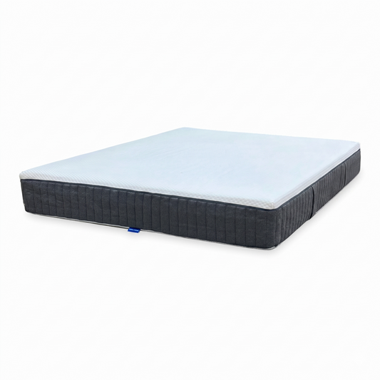 Full view shot of the Emma Original king-size foam mattress, highlighting its clean white top cover, signature grey side borders, and premium layered construction.