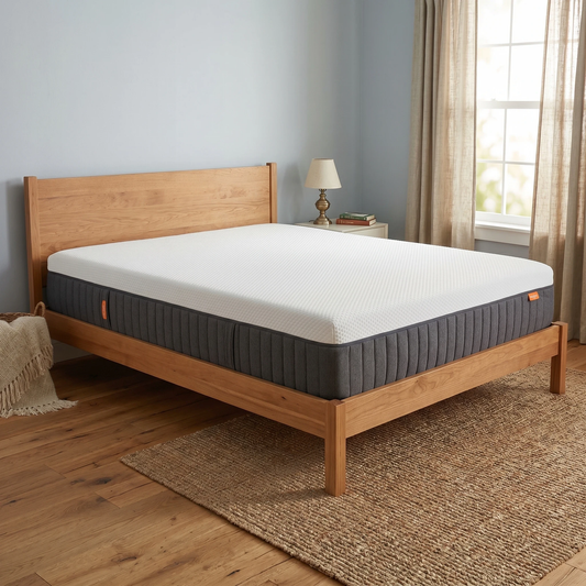 Bedroom view for the Emma Original mattress, highlighting the 3-layer foam construction, 7-zone pressure relief, and hypoallergenic properties.