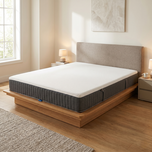 Bedroom view of the Emma Original mattress, showcasing the spring-free foam layers including Airgocell comfort foam, pressure-relieving memory foam, and supportive HRX base foam.