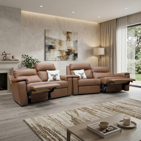 Living room view of the Thornbury 3-seater power recliner sofa in Texas Tan leather, showcasing the deep-filled cushions and integrated USB charging ports.