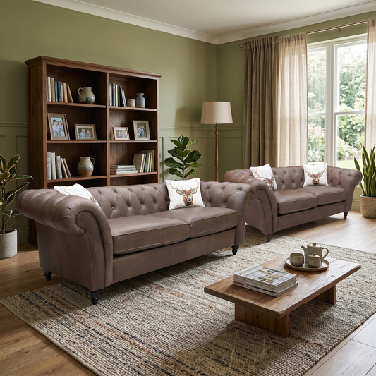 ‘Gosford’ Texas Brown 100% Italian Leather 3 + 2 Seater Chesterfield Sofa Set