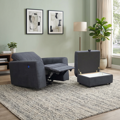 ‘Orka’ Black Plaza Linen Non Quilted Power Recliner Armchair + Large Storage Footstool