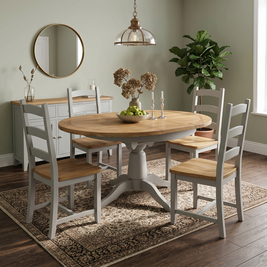 Dining room view for the Joseph medium oak dining table, highlighting its space-saving round design, durable oak build, and integrated butterfly extension system.