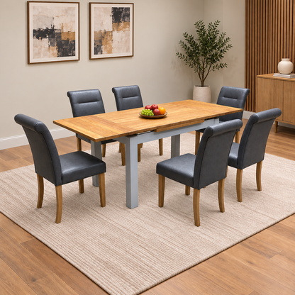 'Lewis' Solid Oak 120cm Large Draw Leaf Extending Dining Table with Dark Grey Faux Leather Roll Back Dining Chairs - Set of 6