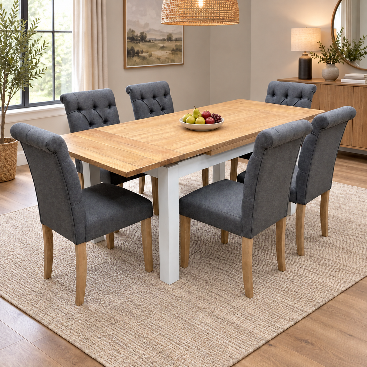 'Lewis' Solid Oak 120cm Large Draw Leaf Extending Dining Table with Anthracite Charcoal Grey Fabric Dining Chairs- Set of 6
