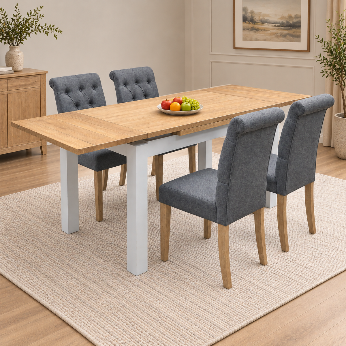 'Lewis' Solid Oak 120cm Large Draw Leaf Extending Dining Table with Anthracite Charcoal Grey Fabric Dining Chairs- Set of 4