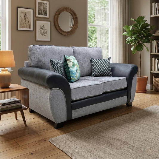 'Narva' Grey Fabric and Faux Leather Combination 2 Seater Sofa