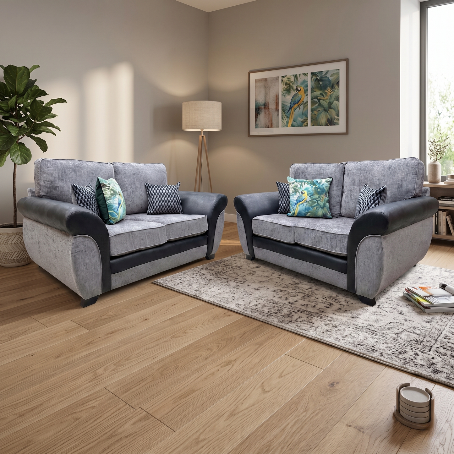'Narva' Grey Fabric and Faux Leather Combination 2+2 Seater Sofa Set