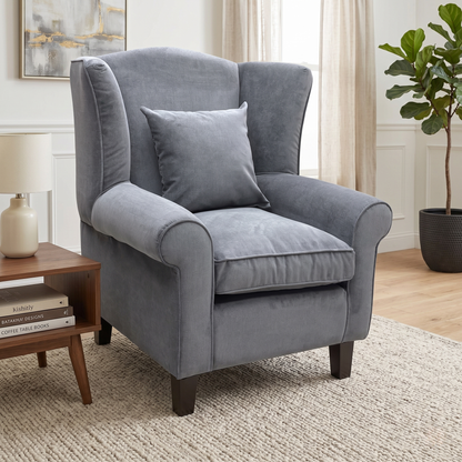 ‘Denton’ Grey Chenille Fabric Wing Chair