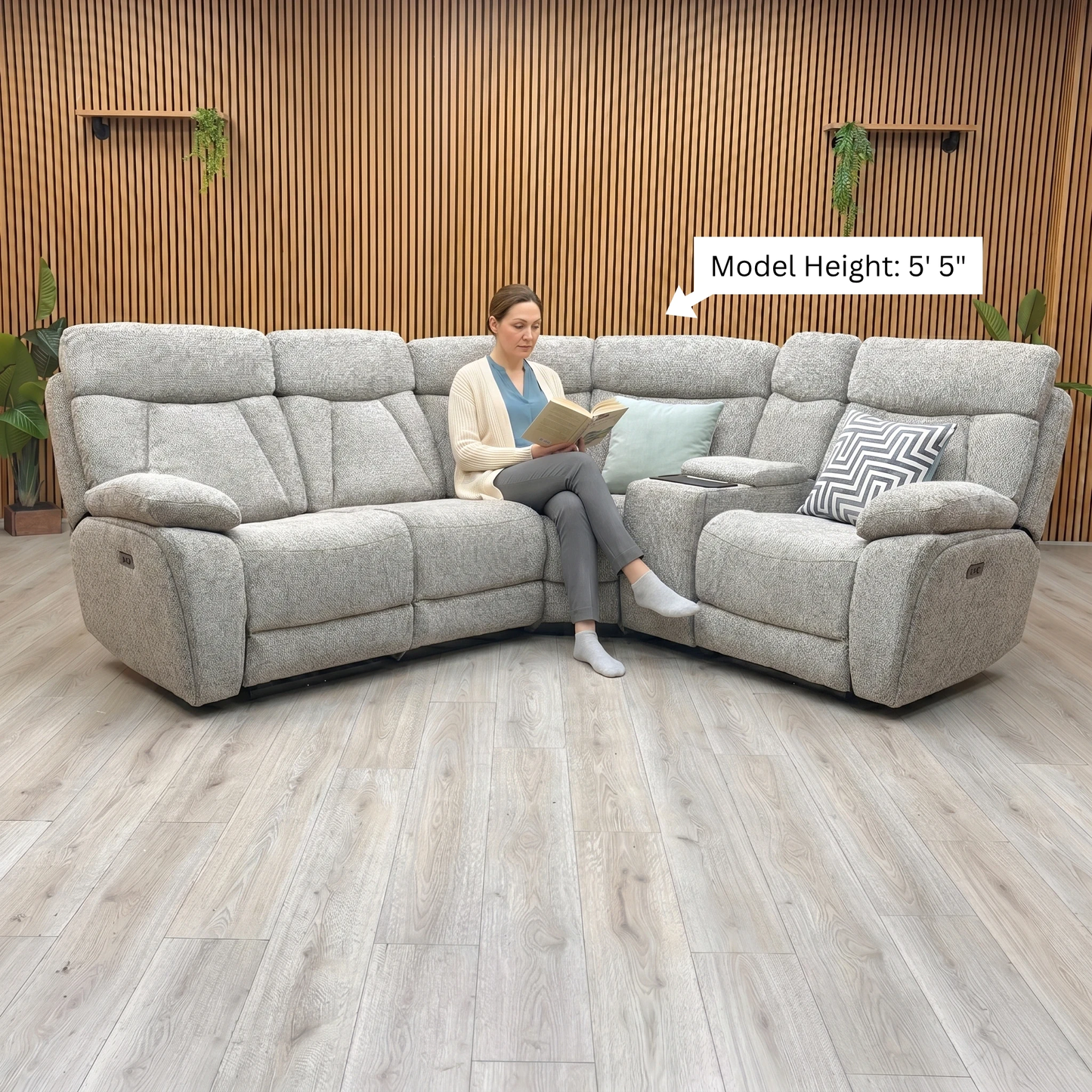 ‘Venice’ Biscuit Fabric Power Recliner Corner Sofa with Smart Tech Console Unit, styled in a lifestyle room setting