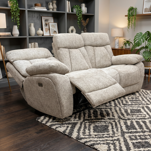 ‘Venice’ Biscuit Fabric Power Recliner 3 Seater Sofa