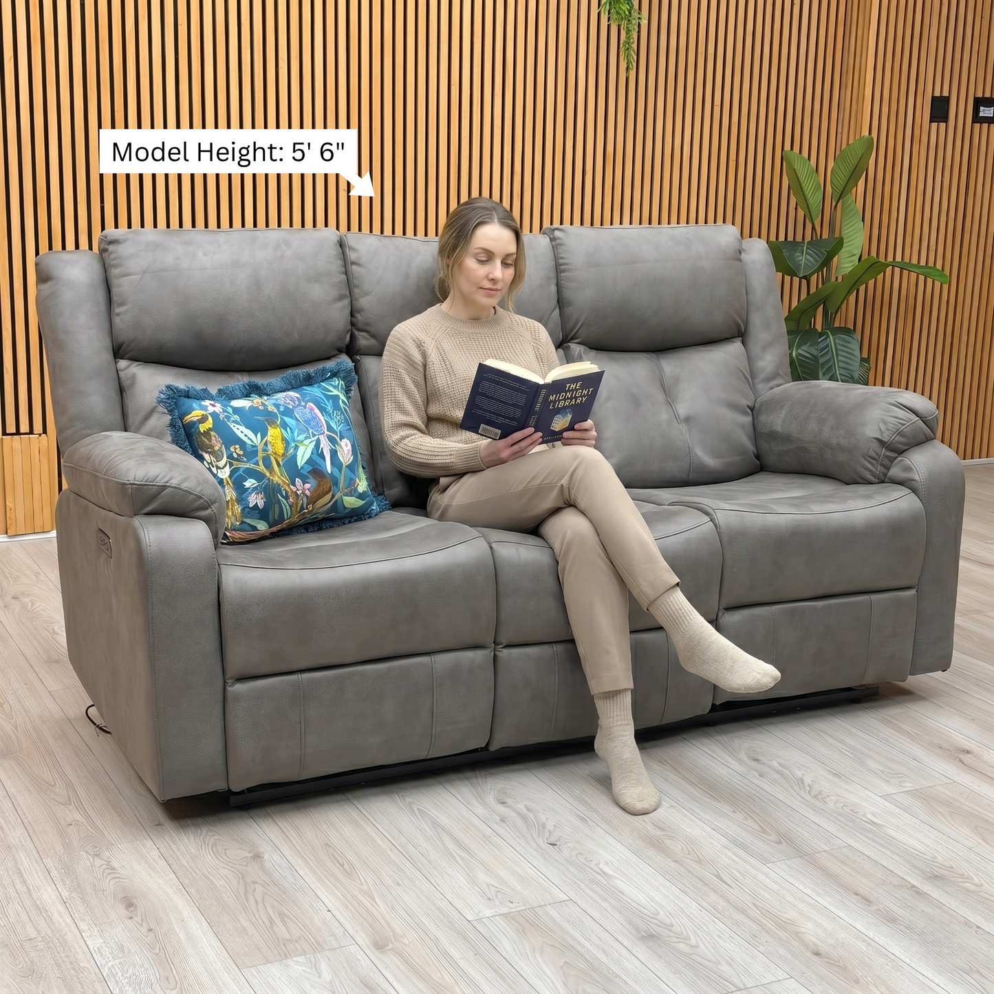 'Roma' Steel Suede Fabric Power Recliner 3 Seater Sofa With Drop Down Cup Holders and Wireless Charging