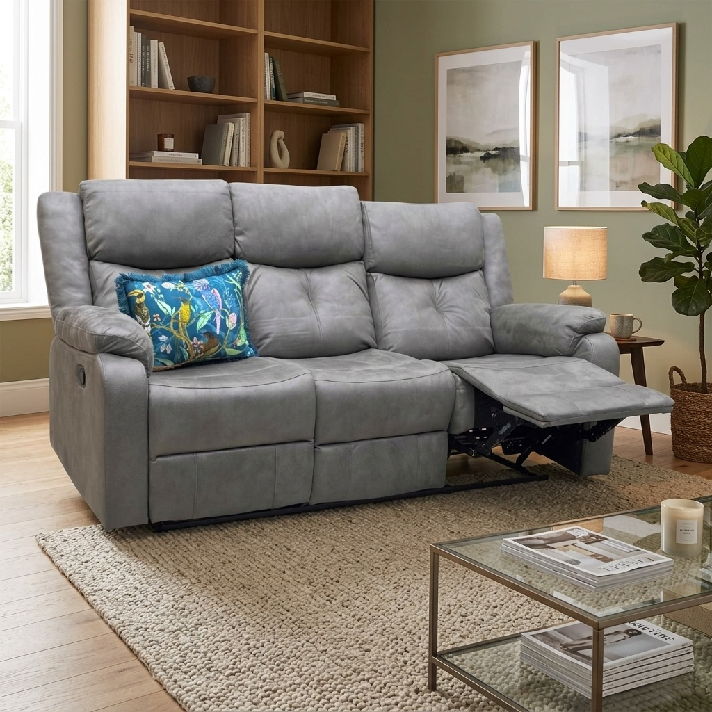 Living room of the sofa in its closed position, highlighting the soft-touch Steel Suede fabric and rounded armrests.