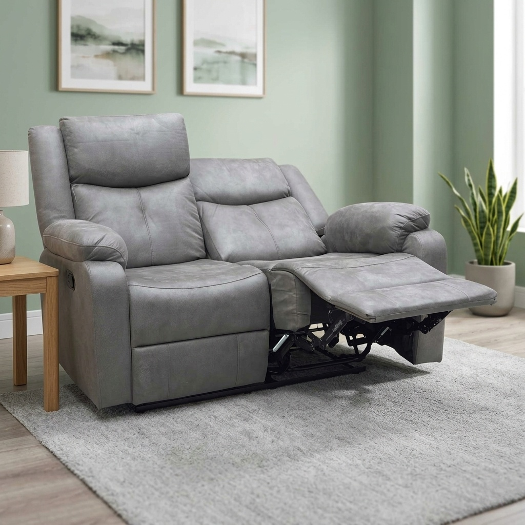 Living room of the 2-seater sofa, highlighting the plush armrests and the soft-touch texture of the steel grey fabric.